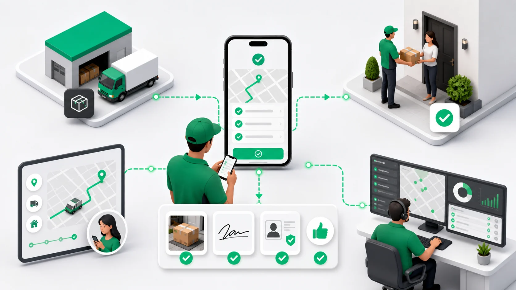 Delivery status data flow from driver app to customer tracking and backoffice TMS
