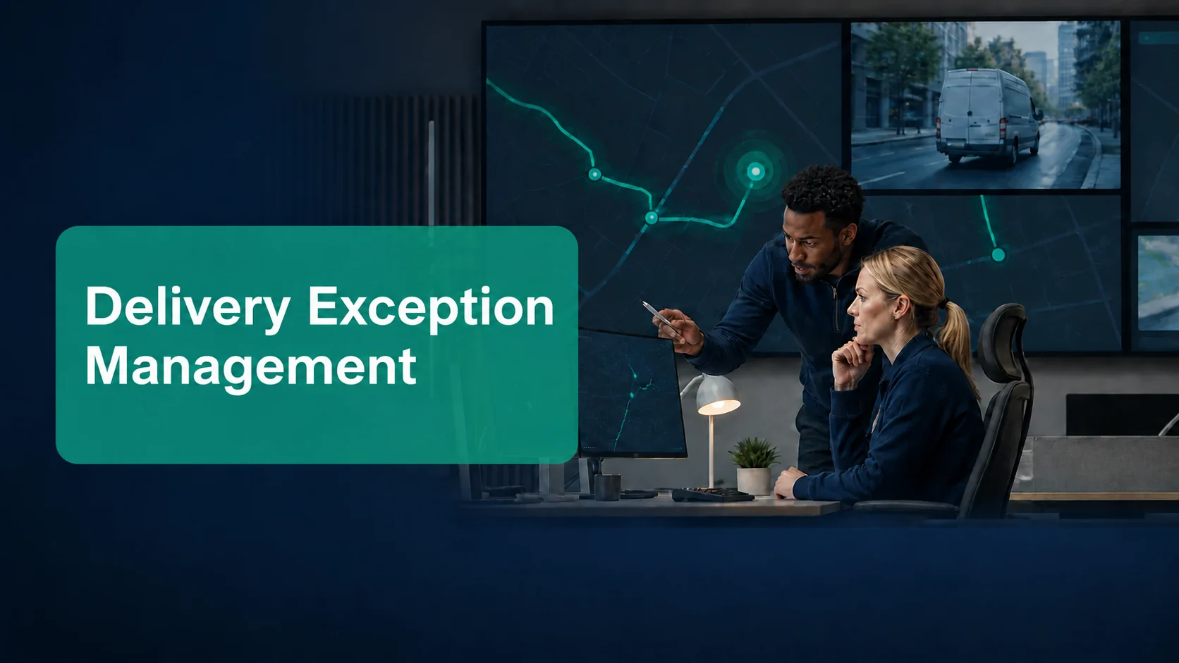 Dispatch team using delivery exception management software to resolve a delayed last-mile route