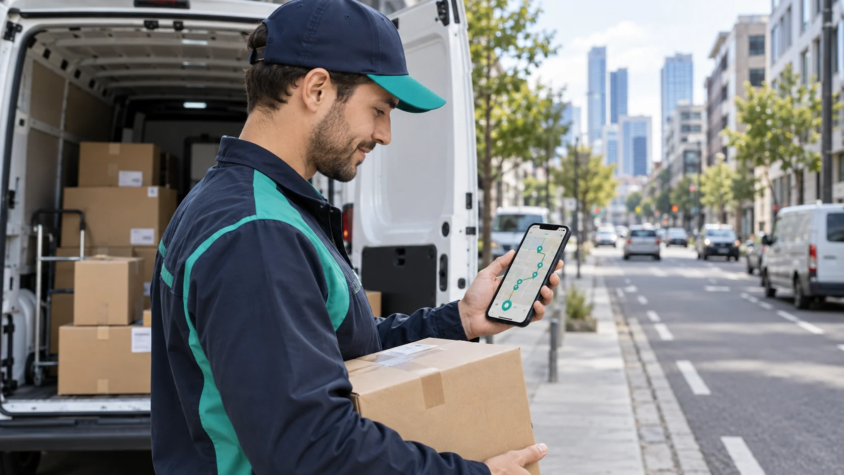 Courier following route guidance and delivery instructions in a driver app