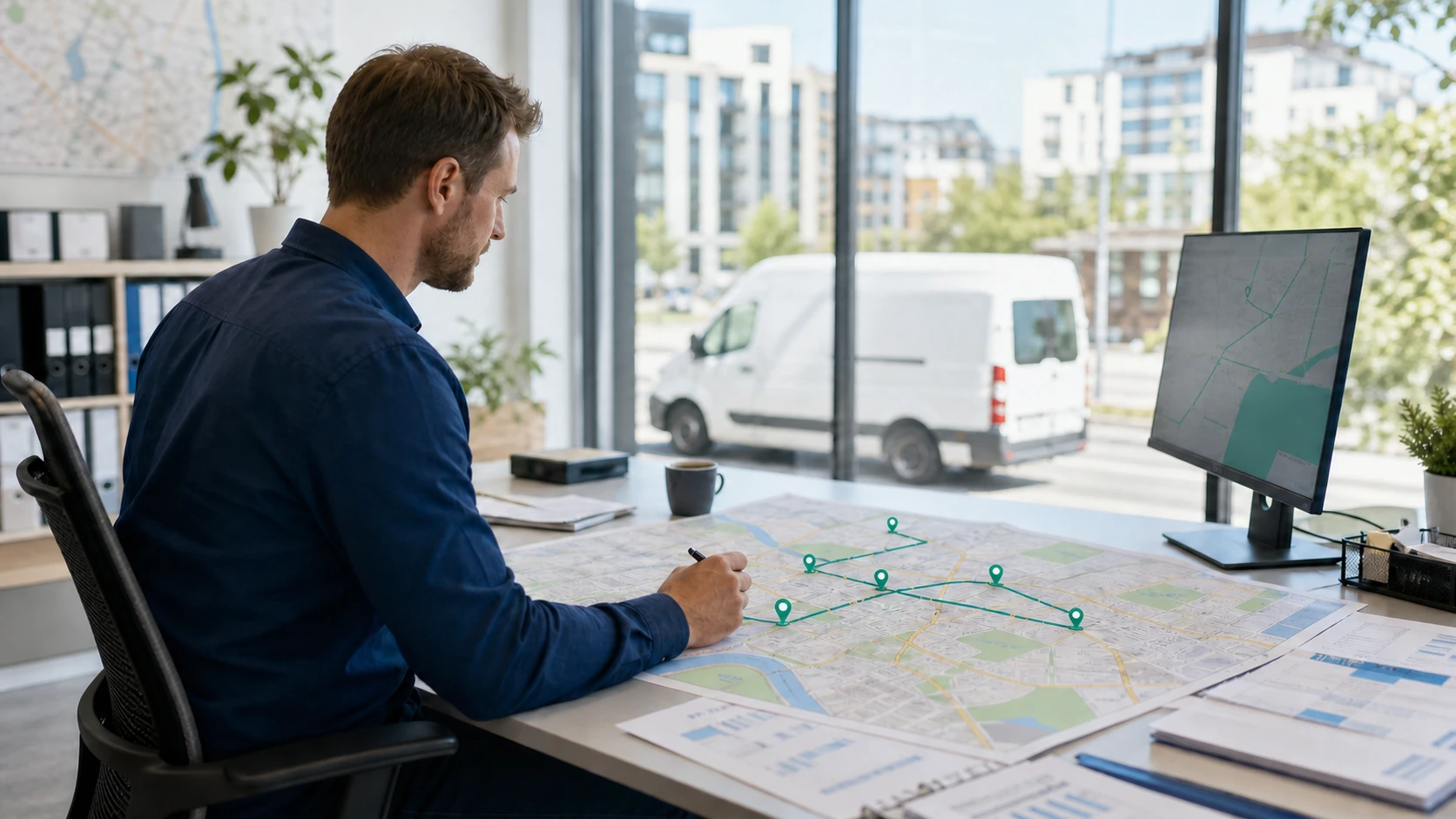 Dispatcher reviewing a multi-drop delivery route with time windows and vehicle capacity