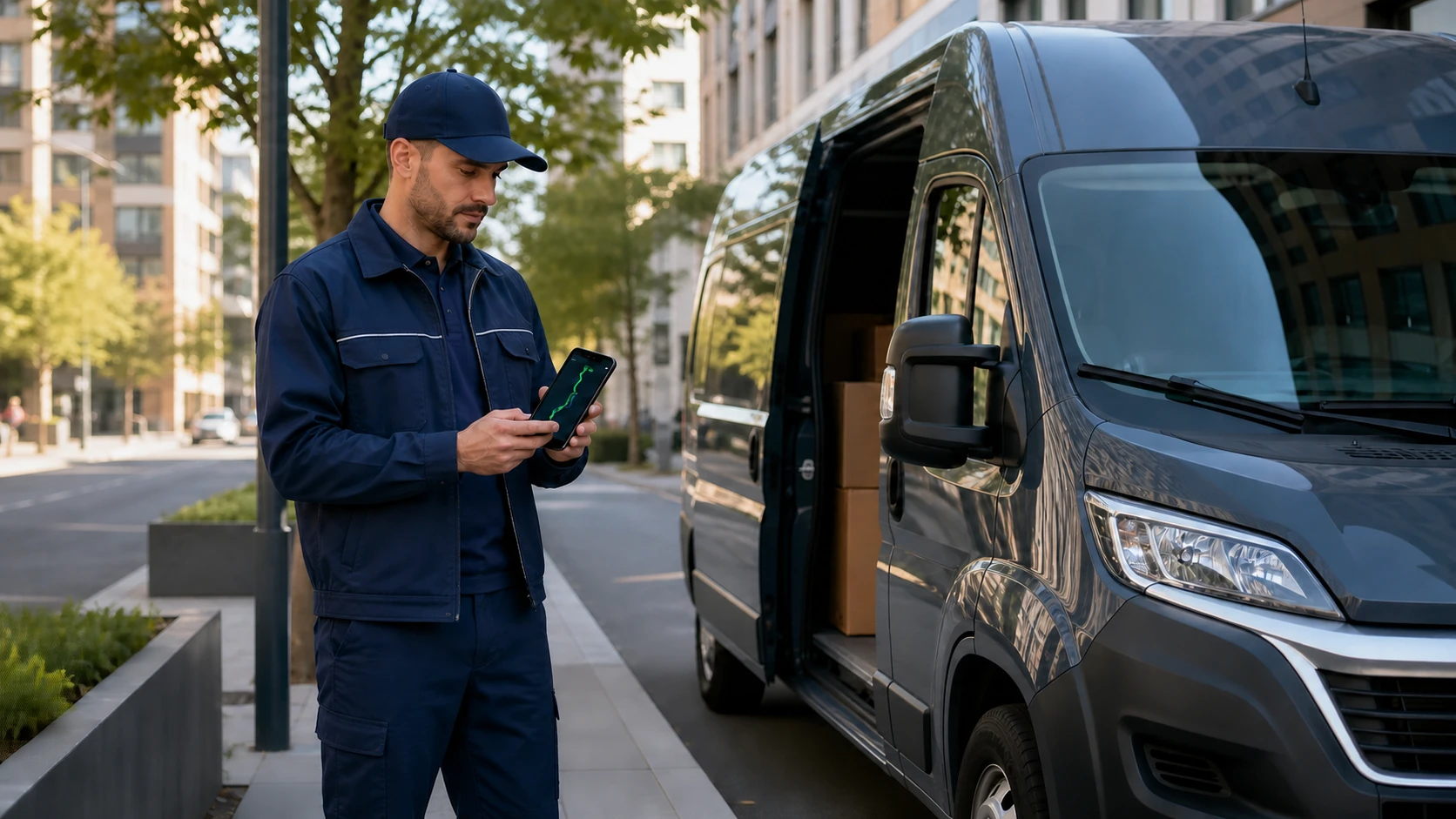 Delivery driver using a mobile app to complete a planned multi-stop route
